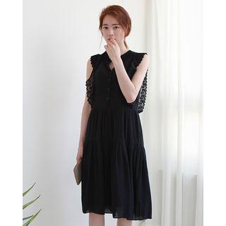 Sleeveless Lace-trim Tiered Chiffon Shirtdress