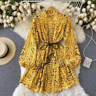 Long-sleeve Print Button-up Mini Dress