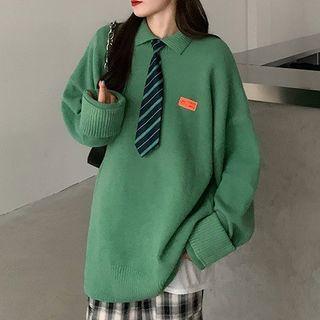 Tie Neck Polo Sweater / Plaid Wide-leg Pants