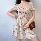 Retro Square-neck Tulip Print Waist Dress