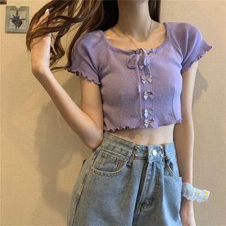 Bow Short-sleeve Cropped Knit Top