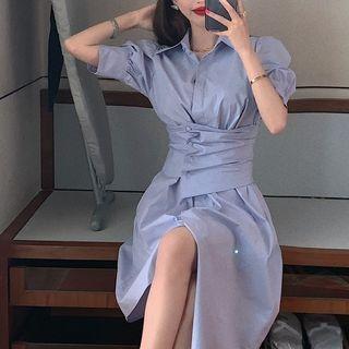 Short-sleeve Asymmetric Midi A-line Shirt Dress