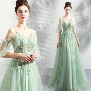 Elbow-sleeve Cold-shoulder Embroidered Mesh A-line Gown