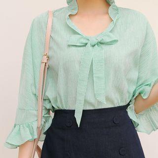 Plus Size Frilled Ribbon-front Blouse
