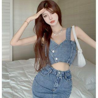 Denim Cropped Sleeveless Top / Denim Mini Skirt