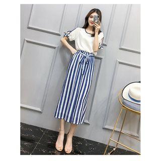 Set: Short-sleeve Chiffon Top + Cropped Wide-leg Pants