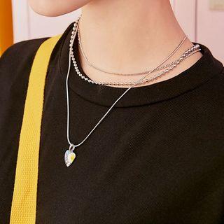 Heart-pendant Layered Chain Necklace Silver - One Size
