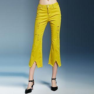 Distressed Asymmetric Hem Boot Cut Jeans