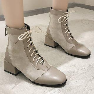 Chunky Heel Paneled Lace-up Short Boots
