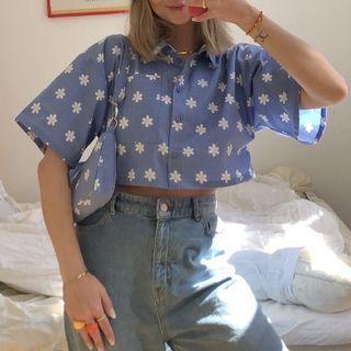 Short Sleeve Floral Print Crop Shirt