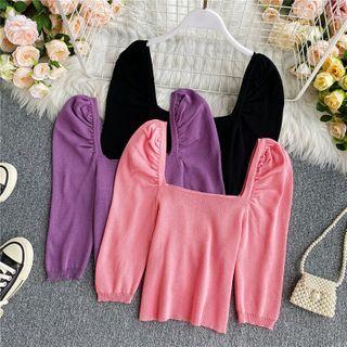 Square-neck Puff Elbow-sleeve Knit Top