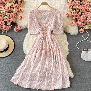 Short Sleeve V-neck Print A-line Skirt