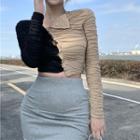 Long-sleeve Two-tone Top Black & Khaki - One Size