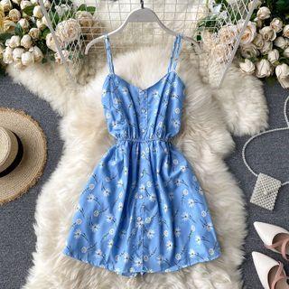 Floral Spaghetti Strap Button Mini A-line Dress