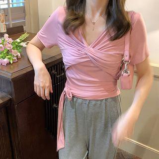 Plain Short Sleeve V Neck Top