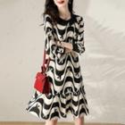 Long-sleeve Print Two-tone Midi A-line Dress