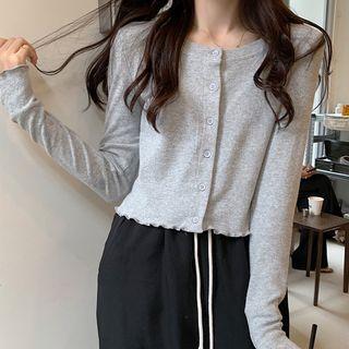 Long-sleeve Buttoned Frill Trim T-shirt