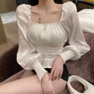 Long-sleeve Slim-fit Blouse White - One Size