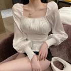 Long-sleeve Slim-fit Blouse White - One Size