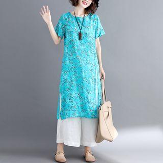 Floral Side Slit Short-sleeve Dress