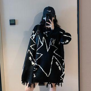 Fringed Printed Sweater Black - One Size