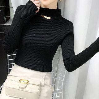 Long-sleeve Chain-accent Mock-neck Knit Top