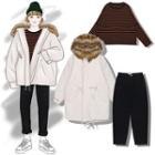 Furry Hood Padded Jacket / 3/4-sleeve Top / Harem Jeans