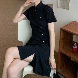 Short-sleeve Faux Pearl A-line Qipao Dress