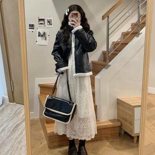 Long-sleeve Lace Midi Dress / Faux Leather Zip-up Jacket