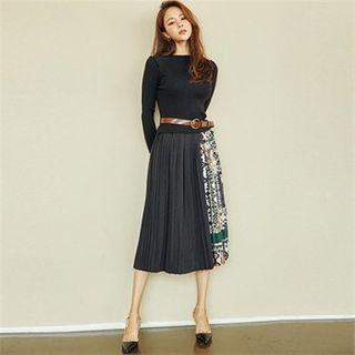 Inset Knit Top Pleated Two-tone Skirt
