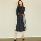 Inset Knit Top Pleated Two-tone Skirt