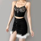 Lace Cropped Camisole Top / Fluffy Trim Mini Pencil Skirt