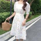 Picture Print Square-neck Short-sleeve Dress