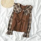 Frilled Trim Plaid Panel Mock Two Piece Top As Shown In Figure - One Size