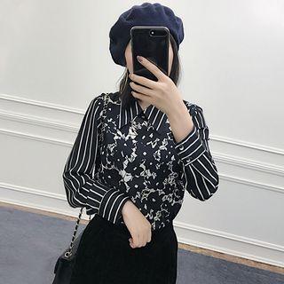 Patterned Panel Long-sleeve Chiffon Blouse