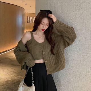 Cropped Cable Knit Cardigan / Camisole Top