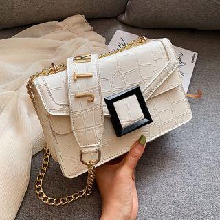 Croc Grain Lettering Strap Buckled Crossbody Bag
