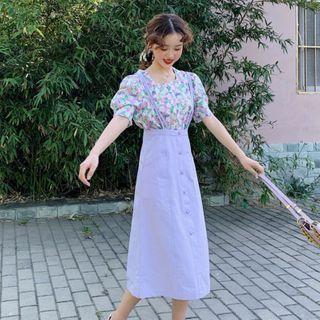 Puff-sleeve Floral Top / Strappy Suspender Skirt