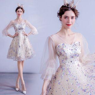 3/4-sleeve Sequined Mesh Short Prom Dress