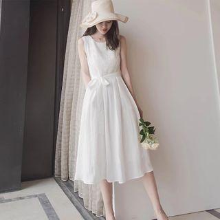 Tie-waist Sleeveless Chiffon A-line Dress