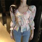 Faux Pearl Floral Printed Ruffled Blouse Floral - One Size