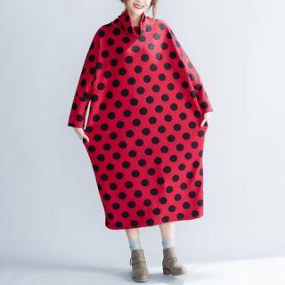 Long-sleeve Dotted Midi Dress Red - One Size