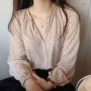 Puff Long-sleeve Floral Loose Fit Chiffon Blouse