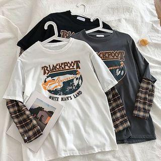 Mock Two-piece Lettering Print Panel Plaid Long-sleeve Top