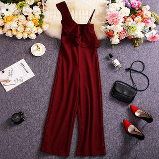 Asymmetric Ruffled Spaghetti-strap Wide-leg Jumpsuit