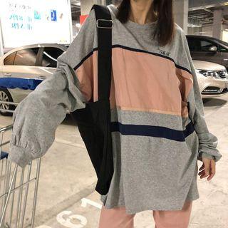 Color Block Pullover / Mock Turtleneck Striped Long-sleeve Top