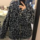 Leopard Print Fleece Zip-up Jacket Leopard - Gray - One Size