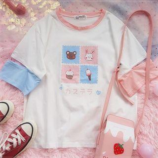 Short-sleeve Cutout Print T-shirt White - One Size