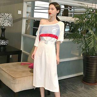 Printed Elbow-sleeve Split Midi T-shirt Dress