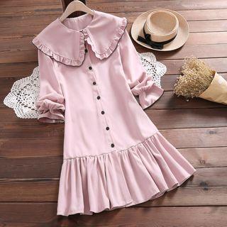 Long-sleeve Frill Trim Buttoned A-line Dress